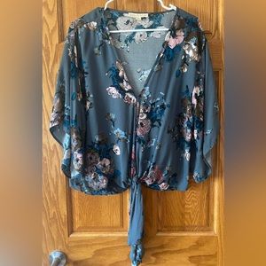 V neck blouse with tie at waist.